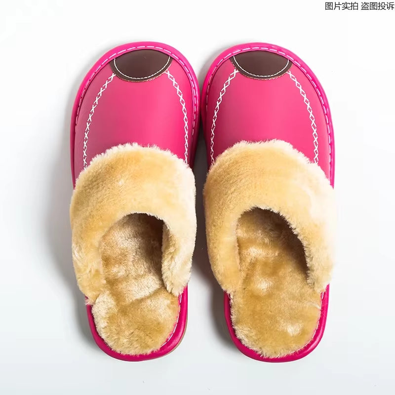 Men Slippers Black New Winter PU Leather Slippers Warm Indoor Slipper Waterproof Home House Shoes Women Warm Leather Slippers