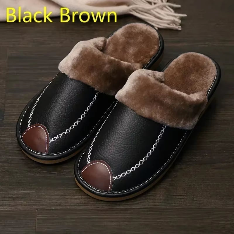 Men Slippers Black New Winter PU Leather Slippers Warm Indoor Slipper Waterproof Home House Shoes Women Warm Leather Slippers