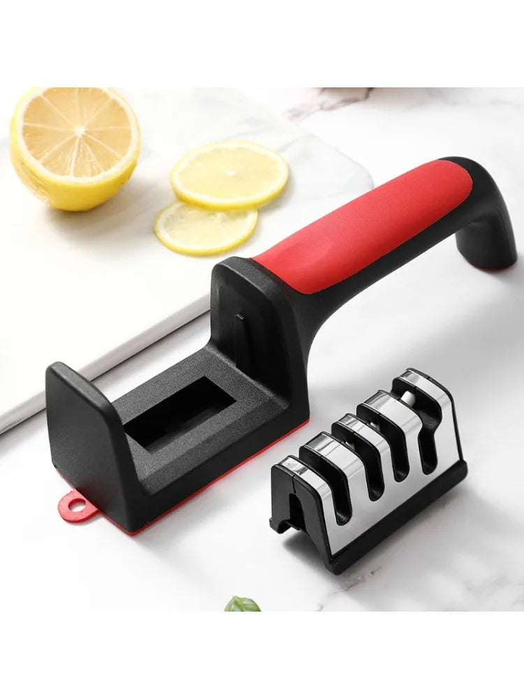 Kitchen Knife Sharpener with No-slip Bottom 3 Purpose Cutter Household Multifunctional Portable Black 3 Segments Kitchen