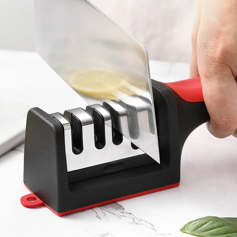 Kitchen Knife Sharpener with No-slip Bottom 3 Purpose Cutter Household Multifunctional Portable Black 3 Segments Kitchen