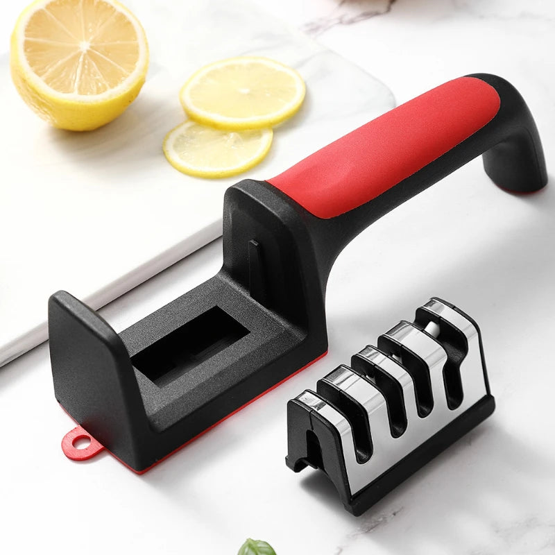 Kitchen Knife Sharpener with No-slip Bottom 3 Purpose Cutter Household Multifunctional Portable Black 3 Segments Kitchen