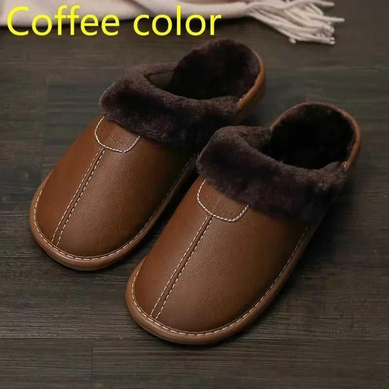 Men Slippers Black New Winter PU Leather Slippers Warm Indoor Slipper Waterproof Home House Shoes Women Warm Leather Slippers